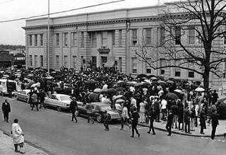 Silent March ends with speakers in front of Durham City Hall (now the site of the Durham Arts Council)